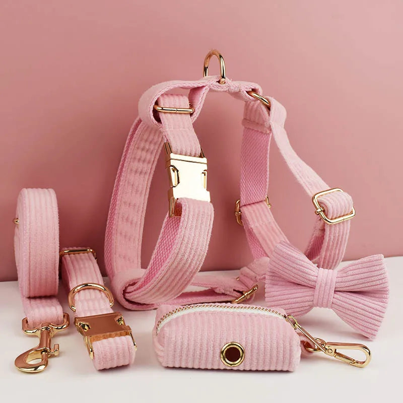 Pink Corduroy Dog Harness Set