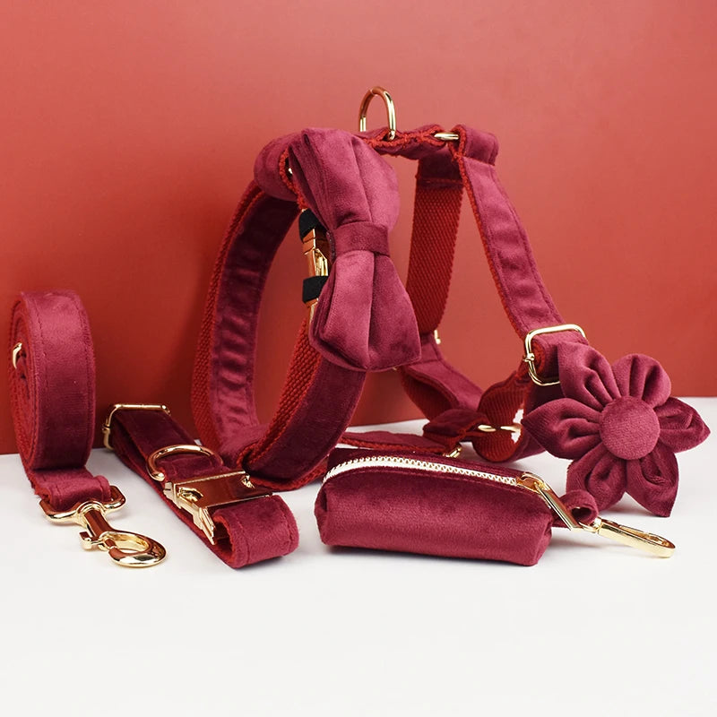 Red Wine Velvet Dog Harness Set