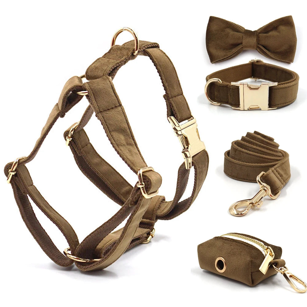 Brown Velvet Dog Harness Set