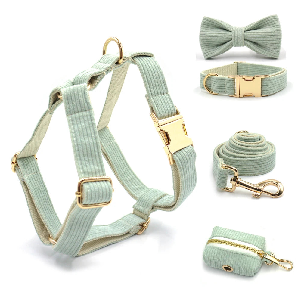 Mint Green Corduroy Dog Harness Set