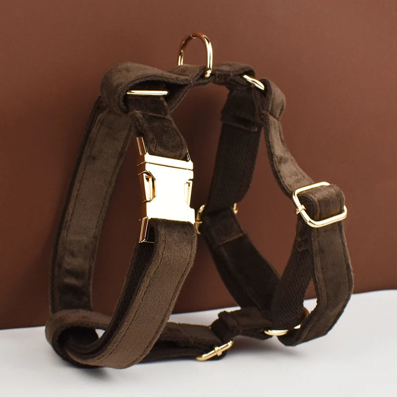 Dark Brown Velvet Dog Harness Set