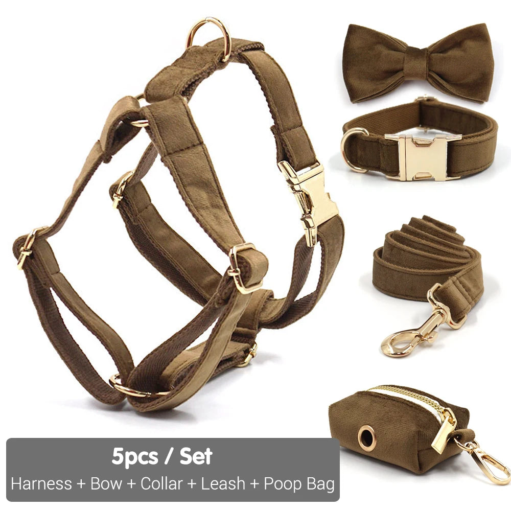 Brown Velvet Dog Harness Set